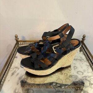 Sofft Wedge Sandals Womens Size 8.5 Black Leather Espadrille Platform Shoes